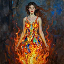 beautiful woman wearing a dress made from stained glass in the design of flames. painting by artgerm and greg rutkowski and ilya kuvshinov