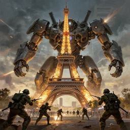 war of the worlds, giant mech attack paris, human soldiers, eiffel tower! intense fighting, glowing lights!! digital painting, very detailed, art by jakub rozalski