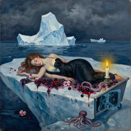 iceberg, atlantic, night, a female art student falling asleep, scientific research, titanic, black paint, sensual, cloudy, squashed berries dripping, octopus, candlelight, neo - impressionist, surrealism,! dream acrylic and spray paint and oilstick on canvas, portrait of a female art student falling asleep, scientific research, crashcart, x - ray, sensual, blossom, squashed berries dripping, octopus, candlelight, neo - impressionist, surrealism - n 9 - w 6 4 0 - h 6 4 0