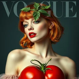 full portrait of emma stone dressed as a tomato, hyper detailed, award winning, vogue cover