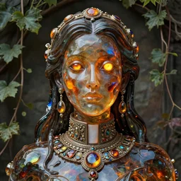 detailed portrait, cosmopolitan priestess, molten glassworks face sculpted features, sunstone ember eyes, statuesque, glass skin, fiberglass hair, high collar, opulent, encrusted, jewel, refractions, chiaroscuro, organic impressionism, vine backdrop, natural colors, octane render