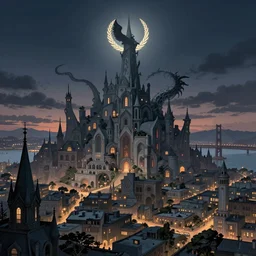 a nightfall over a fantastical san francisco bay area, fantastical, transcendent, clean linework, dramatic, unexpected, surprising, epic light scene, spectacular, finely detailed, award winning, 4 k, trending on artstation, photorealistic, volumetric lighting, octane render uhd artwork by gustave dore, by michelangelo, by beksinski