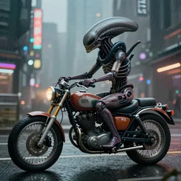 a beautiful ultradetailed fine art illustration of alien xenomorph riding a vintage classic motorcycle in a cyberpunk city road, side view,  by beeple, trending in artstation, cybernetic scifi, bokeh, just after rain