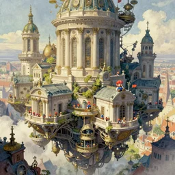 the amazing floating neoclassical city, fantasy, steampunk, mario is sitting on the top of a roof. intricate, amazing composition, colorful watercolor, by ruan jia, by maxfield parrish, by marc simonetti, by hikari shimoda, by robert hubert, by zhang kechun, illustration, gloomy