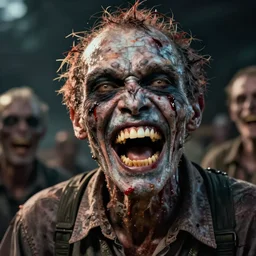hyper realistic photo portrait laughing crazy zombie cinematic, greg rutkowski, james gurney, mignola, craig mullins, brom