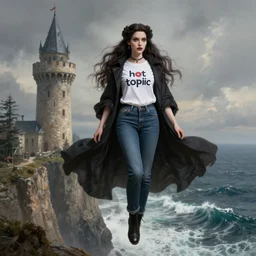 a hyperdetailed matte painting of yennefer as a goth princess floating in front of a tower, dressed in a contemporary t shirt and jeans from hot topic, overlooking cliffs and crashing waves in the background, highly detailed, deep focus, elegant, digital painting, sharp focus, ultra realistic, 8 k, art by greg rutkowski and rembrandt and alphonse mucha