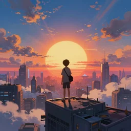 a painting of a boy on top of a building watching a colorful sunrise futuristic city surrounded by clouds, cyberpunk art by yoshitaka amano and alena aenami, cg society contest winner, retrofuturism, matte painting, apocalypse landscape, cityscape