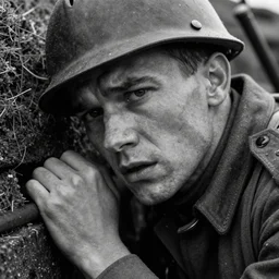 A soldier in despair in a world war 1 trench, close-up, realistic face, beautiful face detail, black and white, amazing digital art, hyper detailed, artstation, in the style of Tony Sart