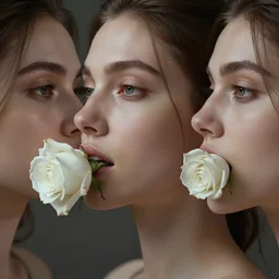 meredit frampton style hight focus of a wonderful realistic sweet wonderful symmetrical profile portrait of a lady with a clear skin she has a white rose on her lips, dramatic light, cinematic, artstation, octane render 8 k s 1