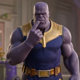 Film still of Thanos with two fingers on his mouth with puckered lips and sadly furled eyebrows as he stands leaned over sheepishly awkwardly