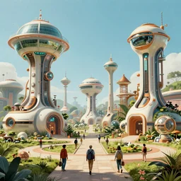 photorealistic image of a retro futurism, solarpunk, biopunk, cyberpunk, steampunk, naturecore, glaucious, people, by roger dean, by dean ellis,