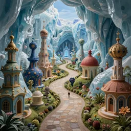 beguiling epic stunning beautiful insanely detailed matte painting of an impossible path winding through arctic dream worlds with surreal architecture designed by heironymous bosch, structures inspired by heironymous bosch's garden of earthly delights, vast surreal ice interiors by cyril rolando and asher durand and natalie shau, masterpiece, imaginative, whimsical, great composition