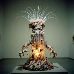 a perfect photograph of an ornately decorated squid sculpture of a haunted, exploding, cuboidal porcelain man, vile saliva jets erupting all over his head and draped in a million plastic tubes over his illuminated, pathetic, purulent ragged body. 3 5 mm film, studio lighting and gallery quality