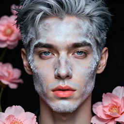portrait of a man, close-up, ice on the face, steel skin, high sharpness, zeiss lens, fashion photo shoot, flowers, gray hair, Coral lipstick, in the background black , in pink, illumination semidark , Edward Buba , Annie Leibovitz , Paolo Roversi , David Lazar , Jimmy Nelsson , Eiko Hosoe , artistic , hyper-realistic , beautiful face , octane rendering