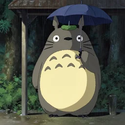 female Retzling with short blond air, standing with big Totoro::20 at a japanese bus stop, holding an umbrella, in the dark forest, rainy night, Studio Ghibli, Hayao Miyazaki, Ukiyo-e, style Katsushika Hokusai,