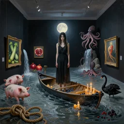 painting of a flooded art gallery, a tall emo girl, a glowing brain, moonlight, a smouldering canoe, candles, knotted hemp rope, art gallery interior with black walls, pigs, courgette, waterfall, pomegranates, octopus, zen, sensual, liminal space, black swans, berries, surrealist, by magritte and monet