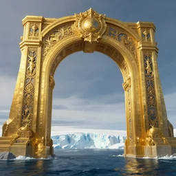 giant golden archway, in middle of arctic ocean, glaciers in distance, d & d, fantasy, intricate, cinematic lighting, highly detailed, digital painting, artstation, concept art, smooth, sharp focus, illustration, art by artgerm and greg rutkowski and alphonse mucha