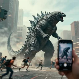 godzilla attacking new york city filmed by a cell phone ( high detailed, great quality, cinematic video, intense action, found footage and people running away in fear of godzilla )