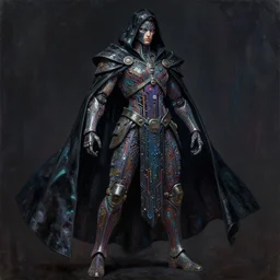 dark cyborg assassin! cloak armour made of intricate complex circuitry and microchips, iridescent, black cape, warrior, colorful, intricate linework, gothic baroque, athletic stance, human face, magical, realistic oil painting, artstation, rutkowski, wlop, chebokha, artgerm