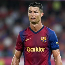 cristiano ronaldo sporting a barcelona jersey, 8 k, 4 k uhd, realistic, hyper realistic, super detailed, very detailed, detailed