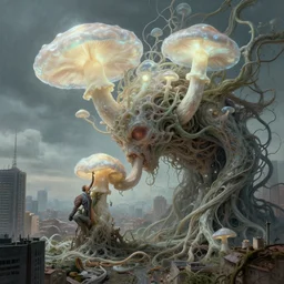 an analog organic theriomorphic holobiont eating a city, concept art, mycorrhiza, vines, rhapsodizing, mushroom, translucidluminescence, intricate, kim jung gi, james jean, shaun tan, analog detail, cinematic, epic wide shot, ultra detailed, sharp focus, smooth, physically rendering, photorealistic, 8 k