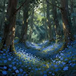 forest with flowers blue, Digital Matte Illustration by asher brown durand and james gurney