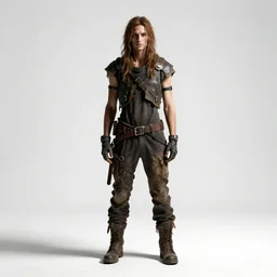 elegant post-apocalyptic wanderer, studio photography, full body, standing, isolated on a pure white background, centered, whole figure in frame, sharp focus, studio lighting