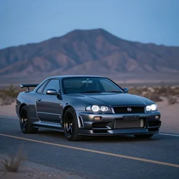 three quarter front photo of a stock dark grey nissan r 3 2 skyline gtr on a road in a desert with a mountain in the background in the early morning, car photography, depth of field, depth blur, zoom lens, blue hour, photorealistic
