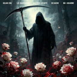 poster style, a beautiful and terrifying painting with high details of a panoramic view of a reaper holding a long sickle, with red fluid white roses in the foreground, movie atmosphere, movie lights, 8 k, light effect, rtx on, trending on artstation, by kilian eng, lee madgwick, bastien lecouffe - deharme