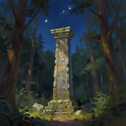 a stone pillar standing forgotten in a forest. above the canopy the sky is full of stars. symmetrical composition. digital painting. detailed concept art. colourful. fantasy art. dramatic lighting.
