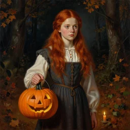 a realistic candlelit portrait painting of a thoughtful girl resembling a young, shy, redheaded alicia vikander or millie bobby brown wearing peasant dress carrying a jack - o - lantern in a fall forest at night, highly detailed, intricate, concept art, artstation, by donato giancola, alphonse mucha, and william bouguereau