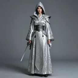 full length photograph of a real-life beautiful!! female assassin with intricate silver robes,  Extremely detailed. 8k