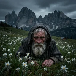 old _ alpine _ famers _ head _ being _ overgrown _ by _ edelweiss _ dolomites _ dark _ eerie _ despair _ portrait _ photography _ artstation _ digital _ art _ adward _ winning