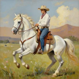 a painting of a cowboy riding a unicorn.