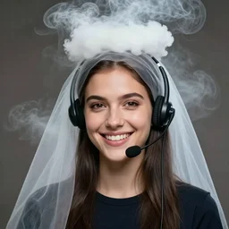 portrait of a smiling telemarketer wearing a headset, hot bank, cloud, fume, smoke, gauze, haze, mist rising from head, Alena Aenami, Petros Afshar, Noah Bradley, Anton Fadeev, Anato Finnstark, Steve Henderson, Filip Hodas, Mark Keathley, Thomas Kinkade, Phil Koch, Gilbert Williams, Mike Winkelmann, Beeple