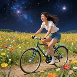 glad beautiful drawn photorealistic female image riding bike through interstellar star flowers field