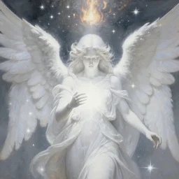 highdetailed hyperrealistic painting of white angel!!! no gender!!!, giant ball of miracle light from the chest!!!!!, white sparkles everywhere, lot of fire and stars overhead!!!, by jan van eyck, holography space, glow effect, large strokes, soft and clean, white monochrome color