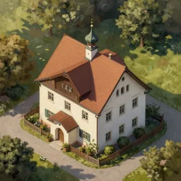 High-Quality realist painting of a traditional Bavarian house, isometric aerial view, peaceful, very detailed, digital art.