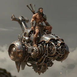 an concept art illustration, a tribal man, on a floating mechanical rusty motor biome, fantasy, style by dylan cole and feng zhu and wlop, unreal engine, trending in artstation, octane render, ultra sharp, 8 k