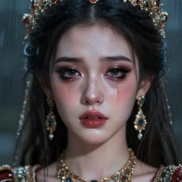 ilyana vyulnika as a young princess in the dark, heavy makeup, crying eyes, tears, leaked mascara, lipgloss, portrait, closeup, cute freckles, gloss effects, and exaggerated proportions, intricate jewelry, after rain, digital art by julia razumova and mel milton, trending on artstation, 4 k high quality