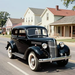 in the style of norman rockwell, 1 9 4 8 desoto car, black, driving through a 1 9 5 0 s town