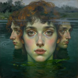 hyperrealist portrait in a river, close up half body face, dark green water, algae, by alphonse mucha and lucian freud and bouguereau, foggy twilight lighting, very detailed faces