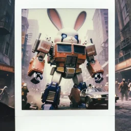 epic pose!!! giant oversized battle rabbit robot chubby mech transformers retro boombox delorean robot fusion carbot double decker with giant oversized ears and rabbit babies, in busy eerie city riot, full body, cinematic focus, polaroid photo, vintage, neutral dull colors, soft lights, foggy mist, by oleg oprisco, by thomas peschak, by discovery channel, by victor enrich, by gregory crewdson