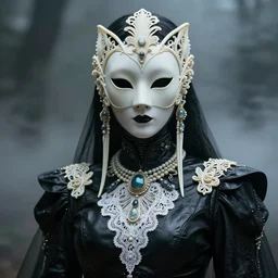 a cyborg with mask, black leather garment with art nouveau ivory accessories, white intricate lace and jewels, ominous, ethereal, misty, diffused lighting, cyberpunk, darksynth, luxury, concept art by zeen chin, extremely detailed, artstation, alphonse mucha, ruan jia, 8 k, unreal engine 5