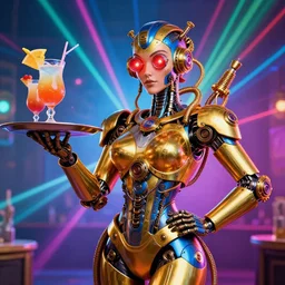 portrait photo of a giant huge golden and blue metal humanoid steampunk cyborg female waitress with a human face holding big cocktails with sparlers on a tray and gears and tubes, eyes are glowing red lightbulbs, shiny crisp finish, 3 d render, 8 k, insaneley detailed, fluorescent colors, background is multicolored lasershow