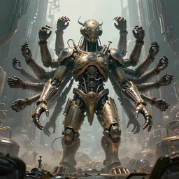 a giant mythical creature with thousands of hands coming out of it's body, hyperrealism, steam punk, cyborg, futuristic environment