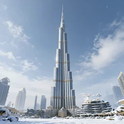 beautiful snow in Dubai, Burj Khalifa, fantasy, intricate, elegant, highly detailed, digital painting, artstation, concept art, matte, sharp focus, illustration, art by Artgerm and Greg Rutkowski and Alphonse Mucha