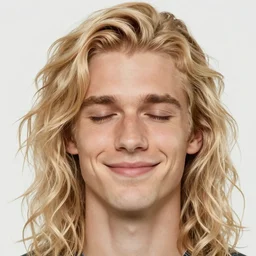 Blond Lucius with closed eyes smiling, very detailed sharp angular masculine face, hooked nose and square jaw, long fluffy curly blond hair, light blond hair, NO BEARD, gorgeous, beautiful, intricate, highly detailed, digital painting, artstation, concept art, sharp focus, illustration, art by greg rutkowski and alphonse mucha