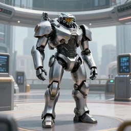 a film still from elysium by james paick - an armoured futuristic military mech stands guard at a public center in a city, vibrant, 5 0 mm lens, video game environment design, behance hd, daytime, dramatic lighting, cinematic, global illumination, deviant art, trending on artstation, bloom