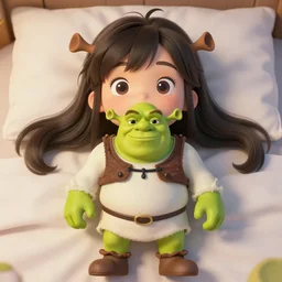 Cute anime girl laying on bed with a Shrek toy, XF IQ4, f/1.4, ISO 200, 1/160s, 8K, RAW, unedited, symmetrical balance, in-frame